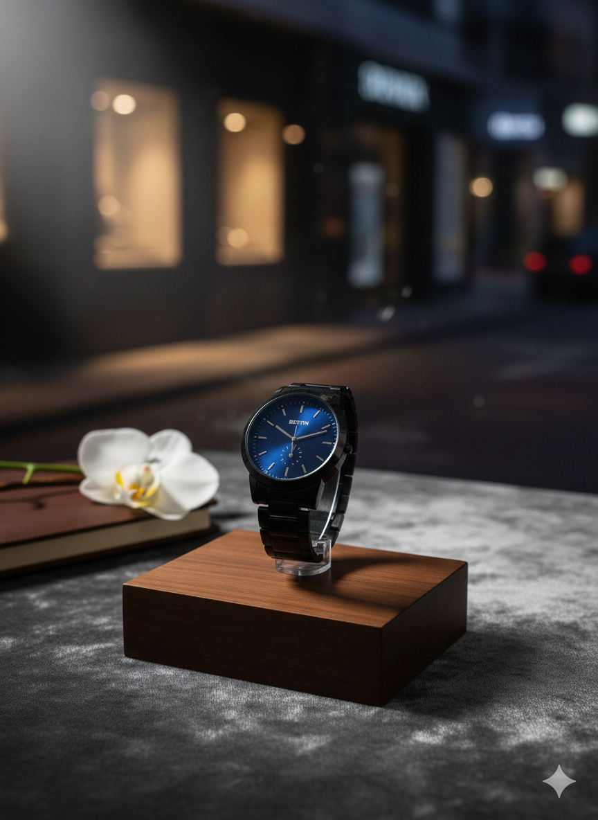 BESTWIN Minimalist Matte Black Watch – Blue Sunray Dial | Premium Quartz Men’s Bracelet Watch
